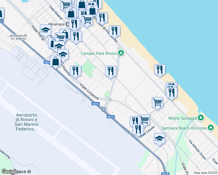 map of restaurants, bars, coffee shops, grocery stores, and more near Viale Berna in Rimini