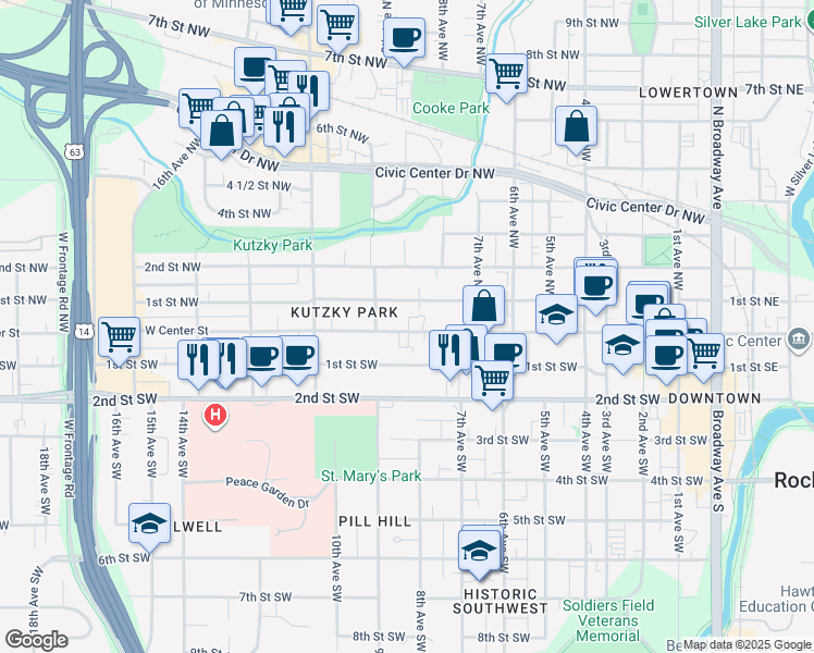 map of restaurants, bars, coffee shops, grocery stores, and more near 835 West Center Street in Rochester