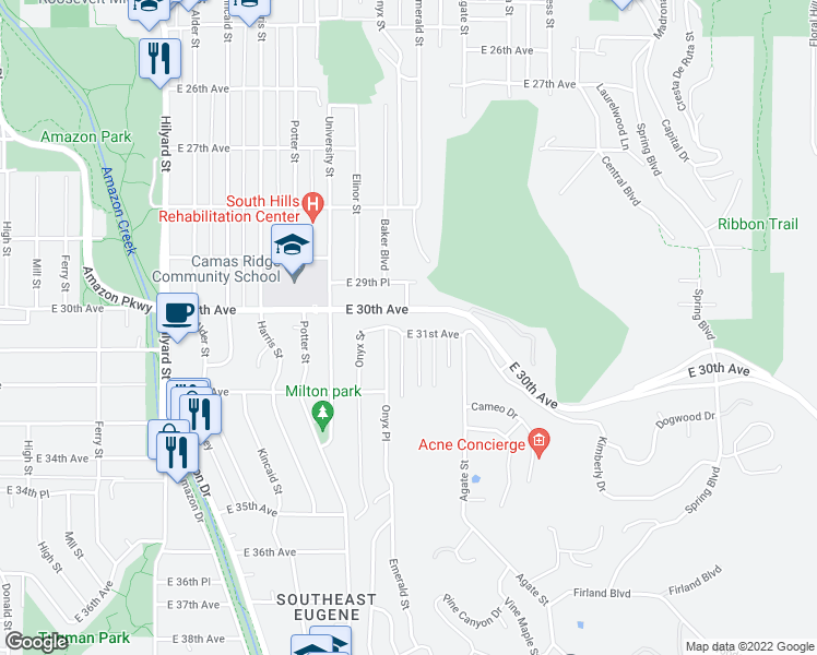 map of restaurants, bars, coffee shops, grocery stores, and more near 1415 East 31st Avenue in Eugene