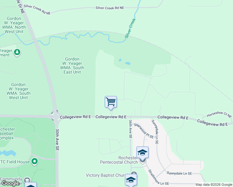 map of restaurants, bars, coffee shops, grocery stores, and more near 3415 Collegeview Road East in Rochester