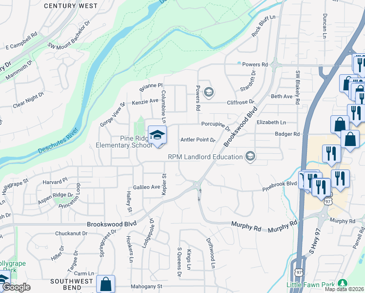map of restaurants, bars, coffee shops, grocery stores, and more near 19880 Hollygrape Street in Bend