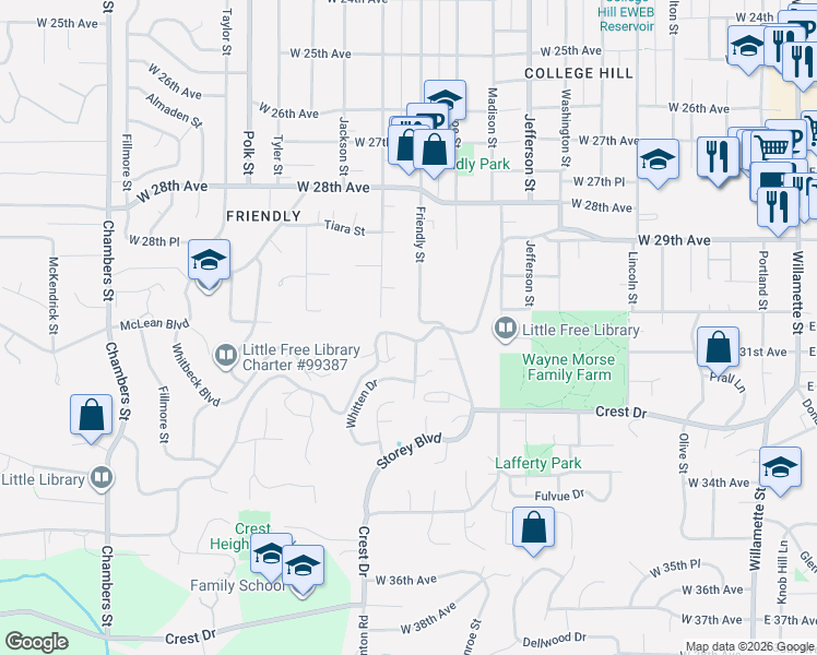 map of restaurants, bars, coffee shops, grocery stores, and more near 875 Lorane Highway in Eugene
