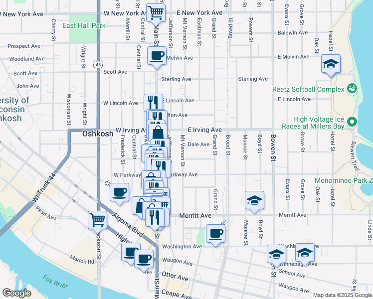 map of restaurants, bars, coffee shops, grocery stores, and more near 220 Oxford Avenue in Oshkosh