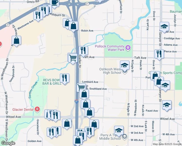 map of restaurants, bars, coffee shops, grocery stores, and more near 430 Sullivan Street in Oshkosh