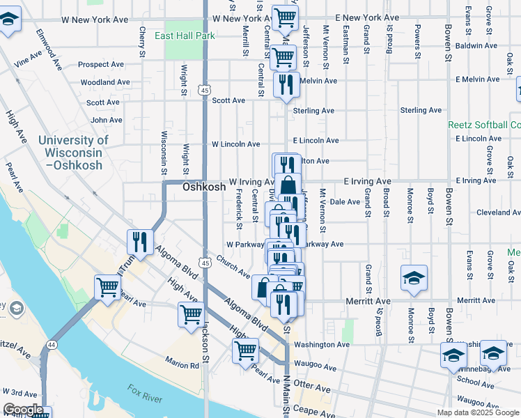 map of restaurants, bars, coffee shops, grocery stores, and more near 654 Central Street in Oshkosh