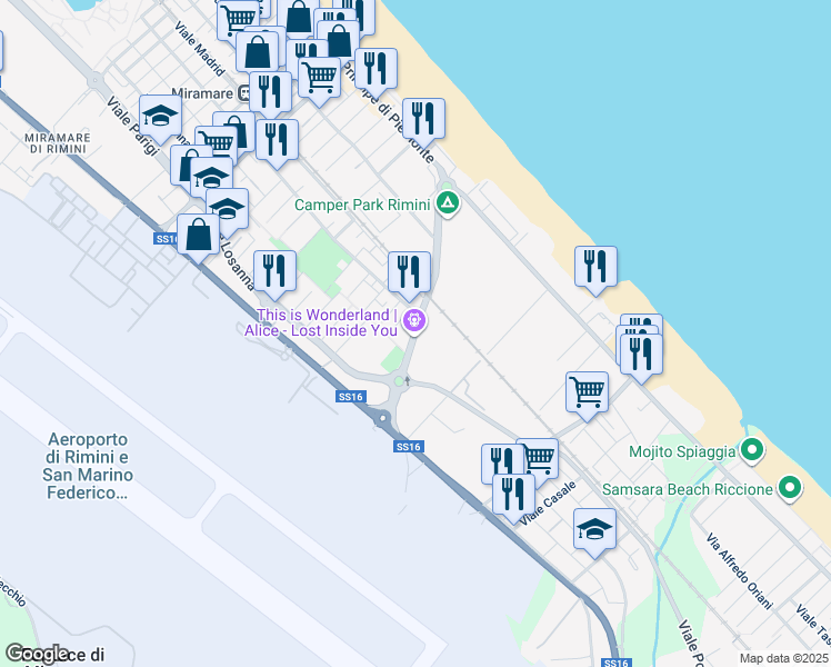 map of restaurants, bars, coffee shops, grocery stores, and more near Viale Berna in Rimini