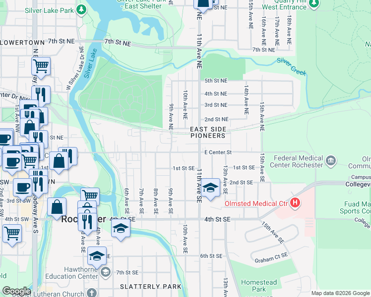 map of restaurants, bars, coffee shops, grocery stores, and more near 1009 East Center Street in Rochester