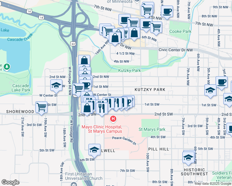 map of restaurants, bars, coffee shops, grocery stores, and more near 1225 West Center Street in Rochester