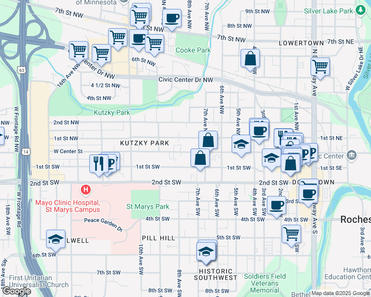 map of restaurants, bars, coffee shops, grocery stores, and more near 725 West Center Street in Rochester