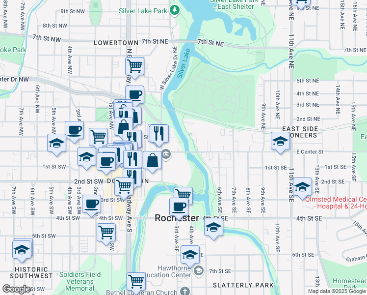 map of restaurants, bars, coffee shops, grocery stores, and more near 301-399 E Center St in Rochester