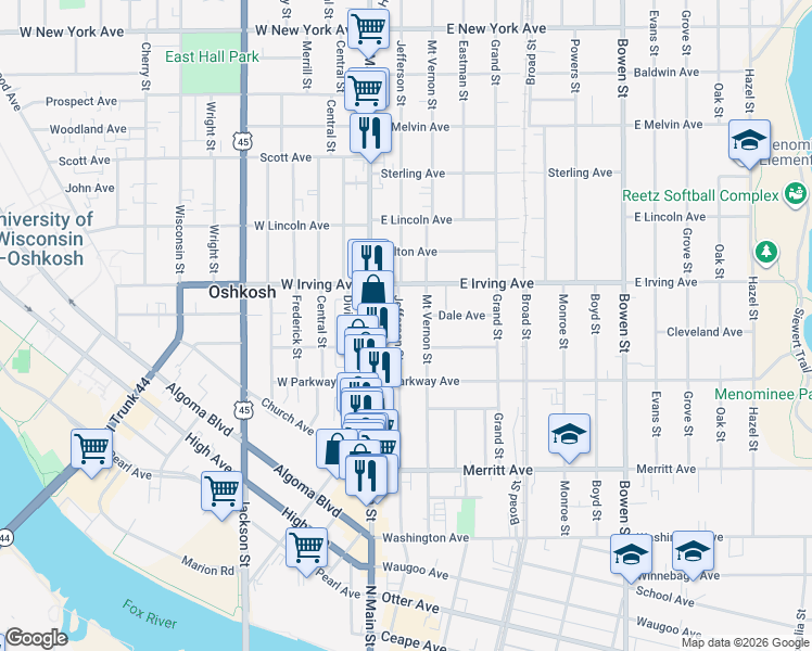 map of restaurants, bars, coffee shops, grocery stores, and more near 654 Jefferson Street in Oshkosh