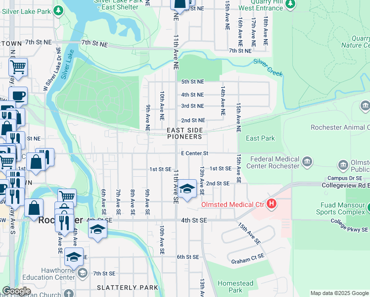 map of restaurants, bars, coffee shops, grocery stores, and more near 1115 East Center Street in Rochester
