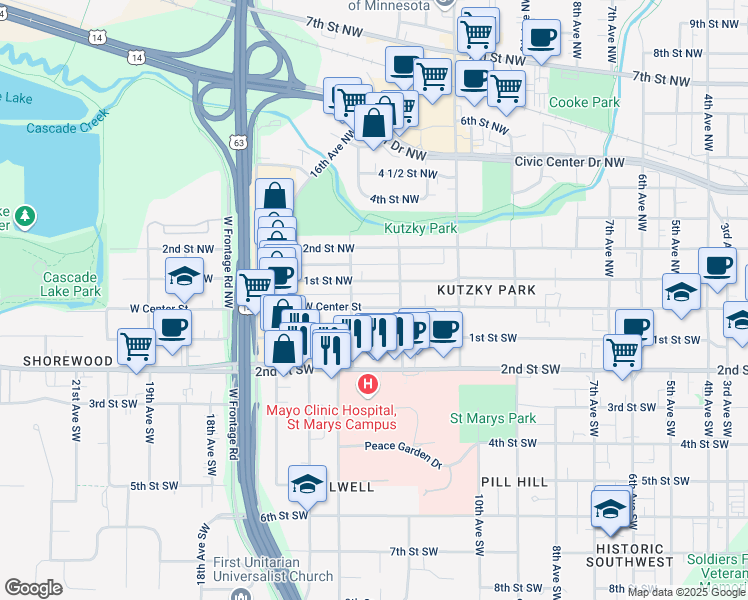 map of restaurants, bars, coffee shops, grocery stores, and more near 1225 West Center Street in Rochester
