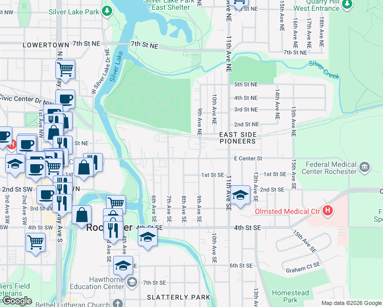 map of restaurants, bars, coffee shops, grocery stores, and more near 803 East Center Street in Rochester