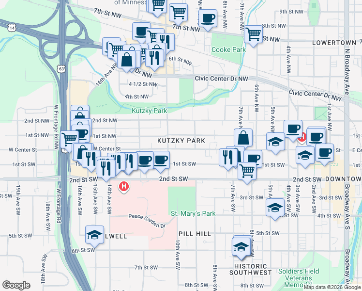 map of restaurants, bars, coffee shops, grocery stores, and more near 1016 West Center Street in Rochester