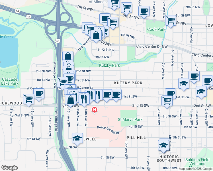 map of restaurants, bars, coffee shops, grocery stores, and more near 1149 West Center Street in Rochester