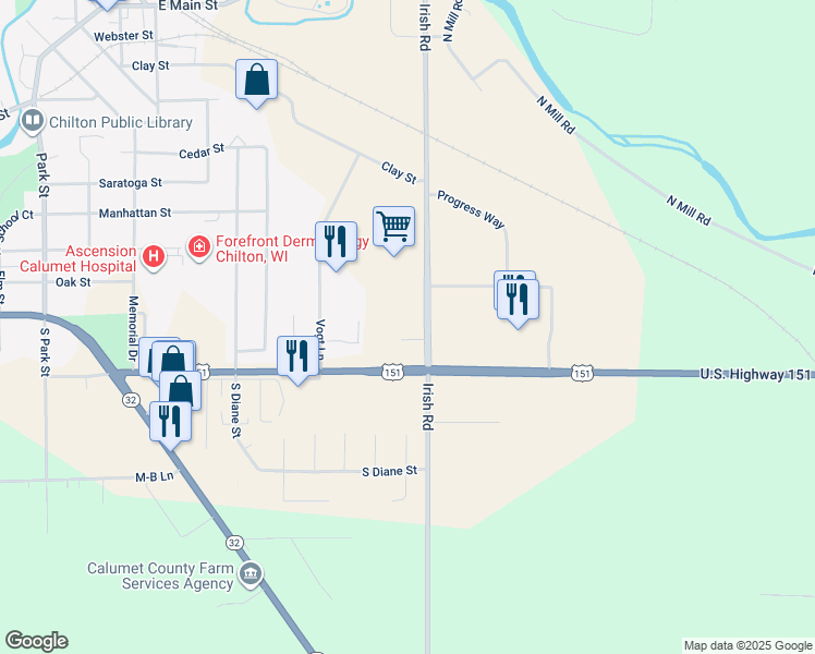 map of restaurants, bars, coffee shops, grocery stores, and more near 889 Irish Road in Chilton