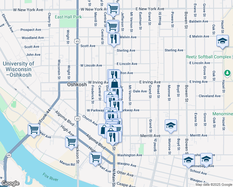 map of restaurants, bars, coffee shops, grocery stores, and more near 630 North Main Street in Oshkosh
