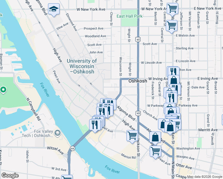 map of restaurants, bars, coffee shops, grocery stores, and more near 633 Amherst Avenue in Oshkosh