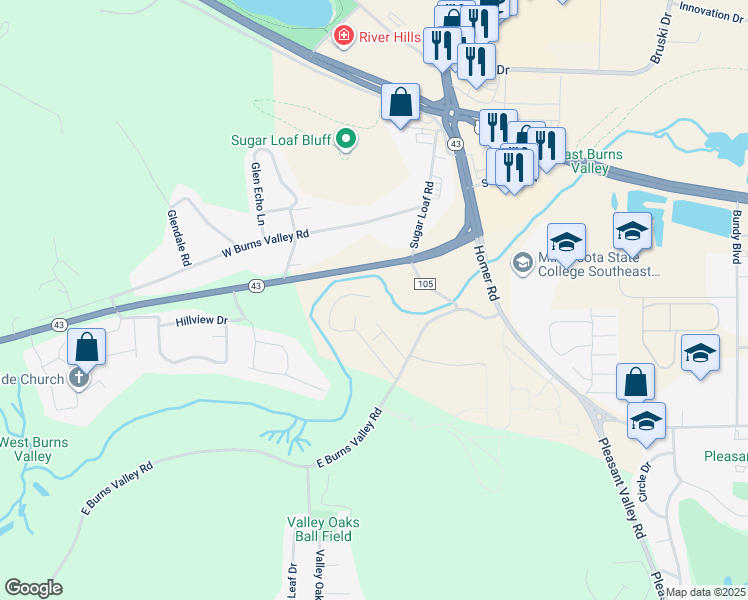 map of restaurants, bars, coffee shops, grocery stores, and more near 900 Birch Boulevard in Winona