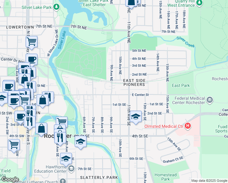 map of restaurants, bars, coffee shops, grocery stores, and more near in Rochester
