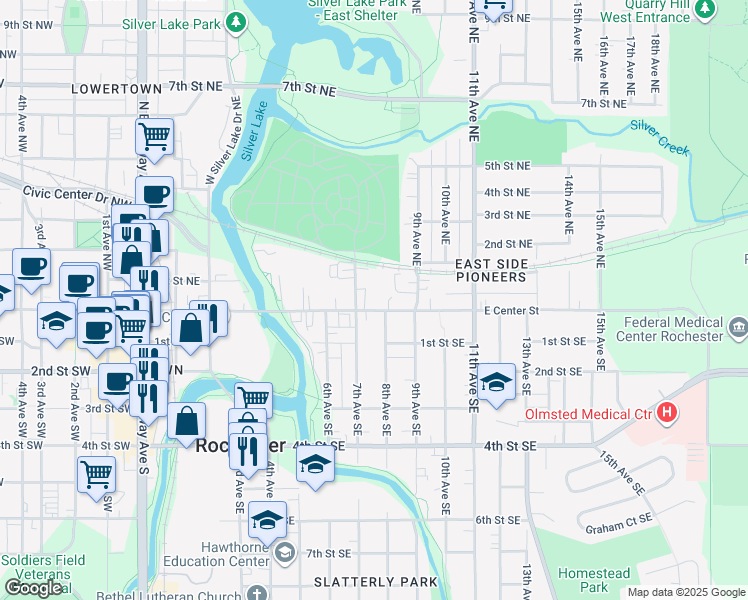 map of restaurants, bars, coffee shops, grocery stores, and more near 803 East Center Street in Rochester