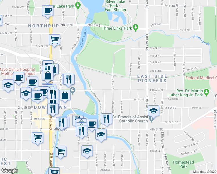 map of restaurants, bars, coffee shops, grocery stores, and more near in Rochester