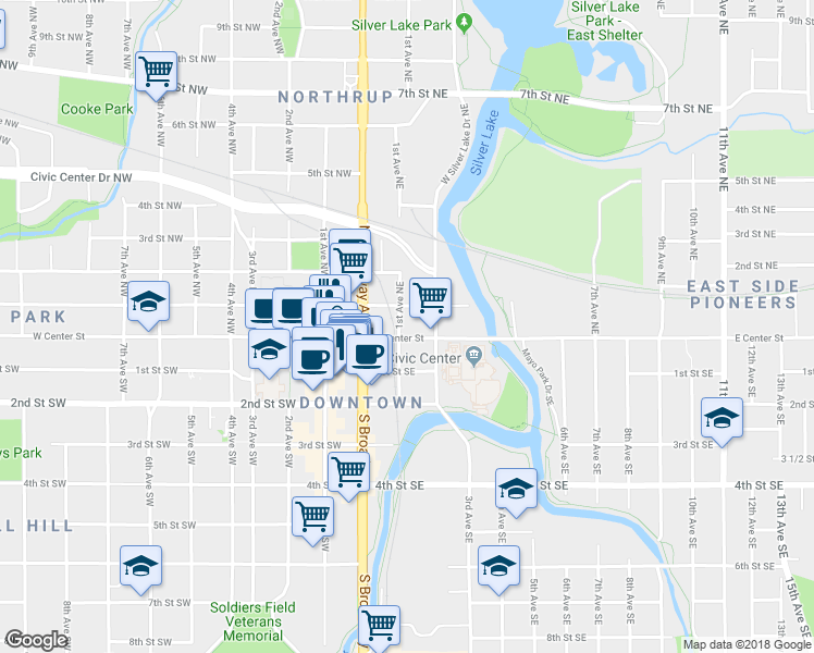 map of restaurants, bars, coffee shops, grocery stores, and more near 101 East Center Street in Rochester