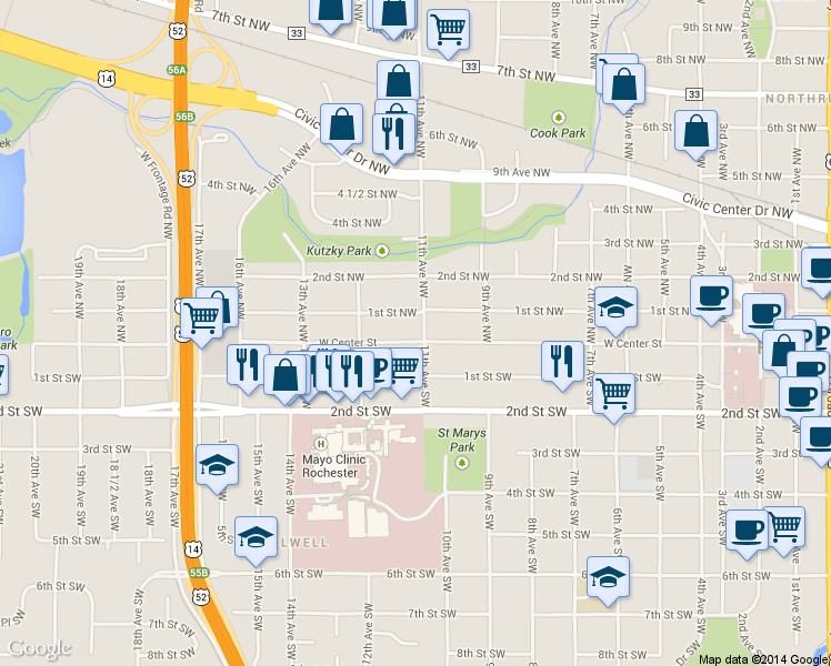 map of restaurants, bars, coffee shops, grocery stores, and more near 1114 West Center Street in Rochester