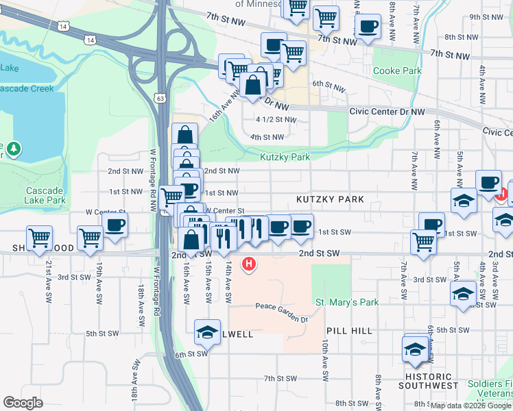 map of restaurants, bars, coffee shops, grocery stores, and more near 1225 West Center Street in Rochester