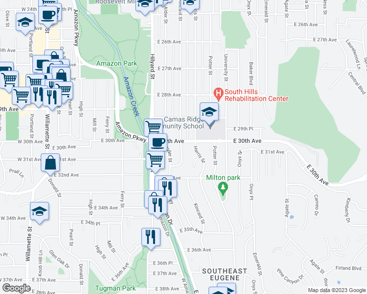 map of restaurants, bars, coffee shops, grocery stores, and more near 3015 Kincaid Street in Eugene