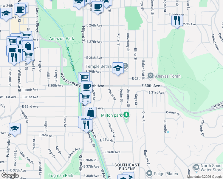 map of restaurants, bars, coffee shops, grocery stores, and more near 3025 Harris Street in Eugene