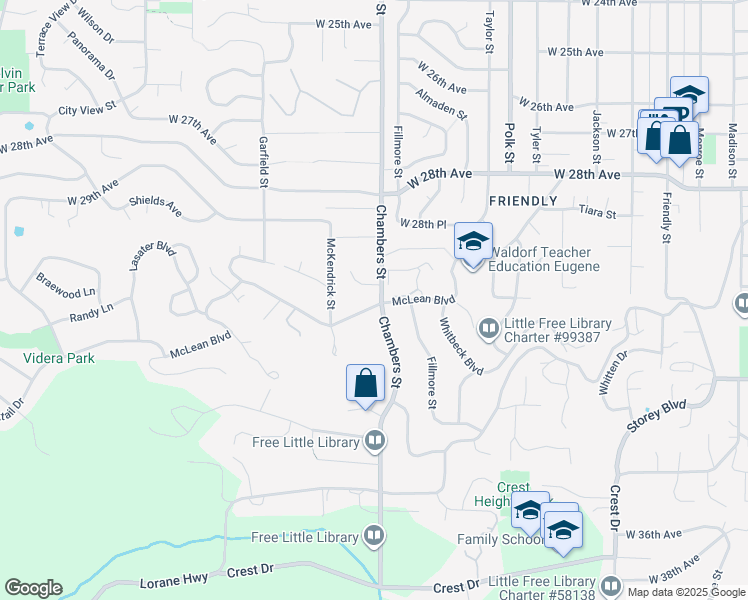 map of restaurants, bars, coffee shops, grocery stores, and more near 1725 McLean Boulevard in Eugene
