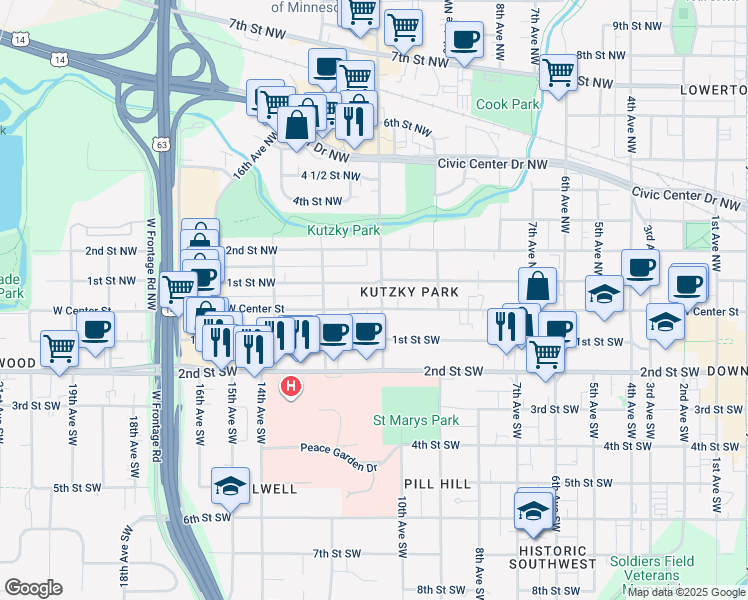 map of restaurants, bars, coffee shops, grocery stores, and more near 7 11th Avenue Northwest in Rochester