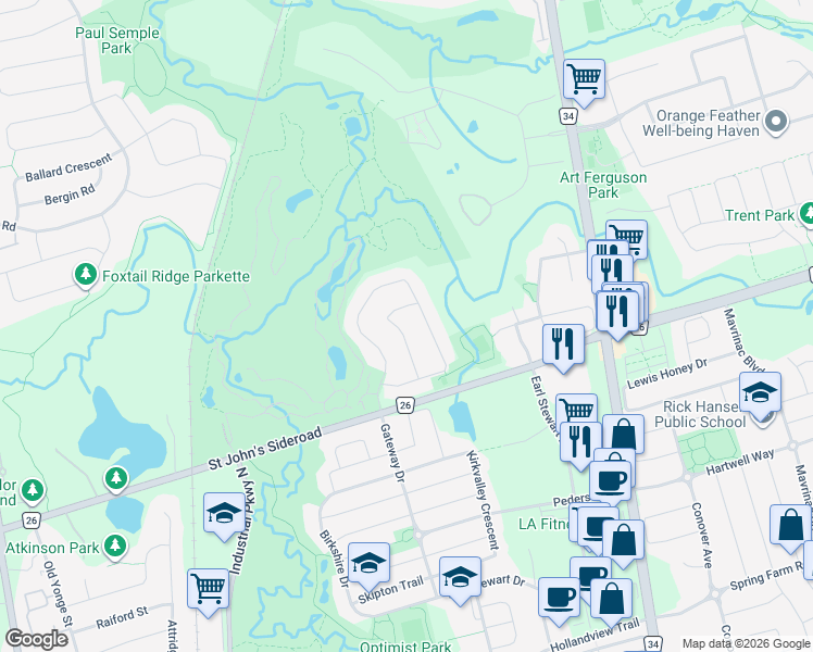 map of restaurants, bars, coffee shops, grocery stores, and more near 59 Rush Road in Aurora