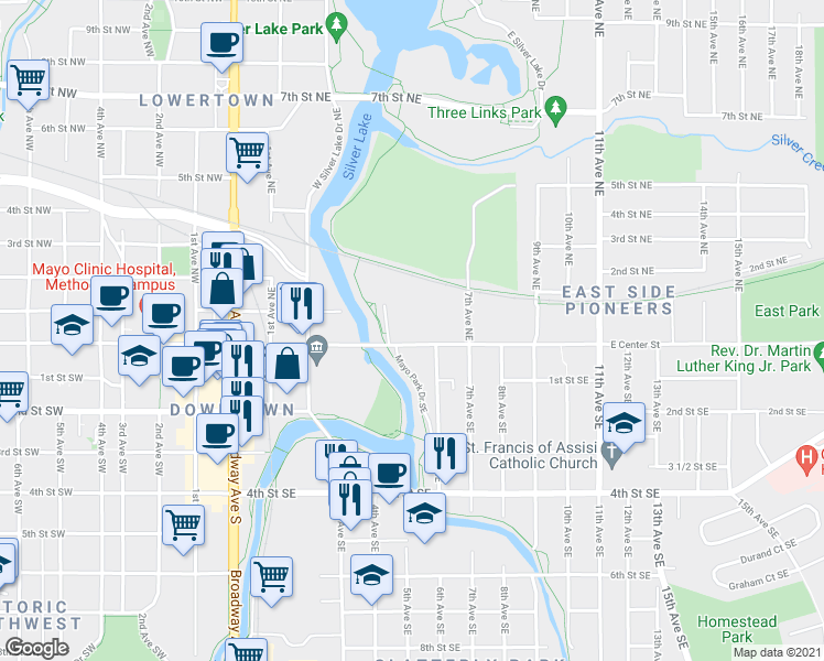 map of restaurants, bars, coffee shops, grocery stores, and more near 509 East Center Street in Rochester
