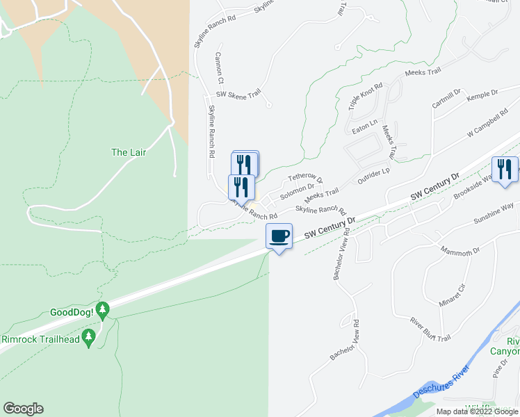 map of restaurants, bars, coffee shops, grocery stores, and more near 61239 Tetherow Drive in Bend