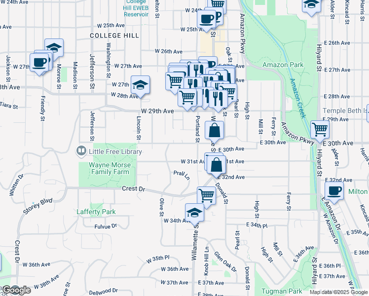 map of restaurants, bars, coffee shops, grocery stores, and more near 55 West 31st Avenue in Eugene
