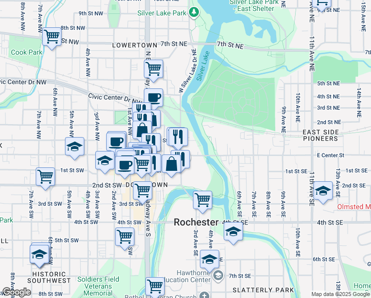 map of restaurants, bars, coffee shops, grocery stores, and more near in Rochester