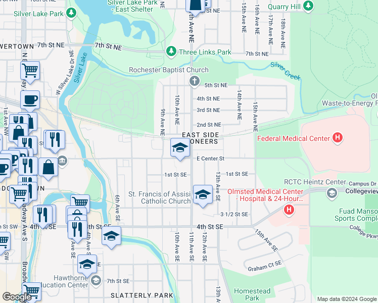 map of restaurants, bars, coffee shops, grocery stores, and more near 13 11th Avenue Northeast in Rochester