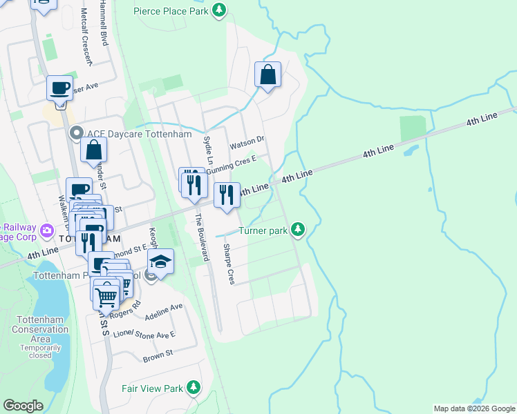 map of restaurants, bars, coffee shops, grocery stores, and more near Clifford Crescent in New Tecumseth