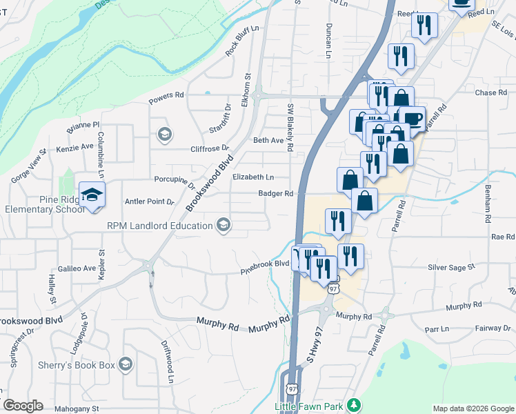 map of restaurants, bars, coffee shops, grocery stores, and more near 20037 Voltera Place in Bend
