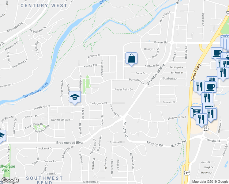map of restaurants, bars, coffee shops, grocery stores, and more near 19880 Hollygrape Street in Bend