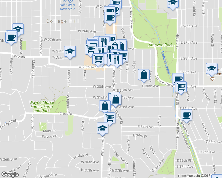 map of restaurants, bars, coffee shops, grocery stores, and more near 3030 Willamette Street in Eugene