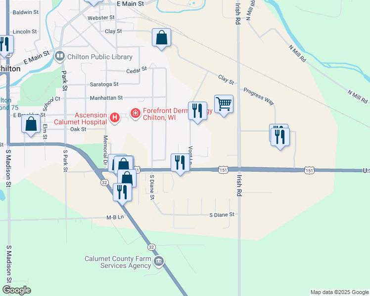 map of restaurants, bars, coffee shops, grocery stores, and more near 823 Vogt Lane in Chilton