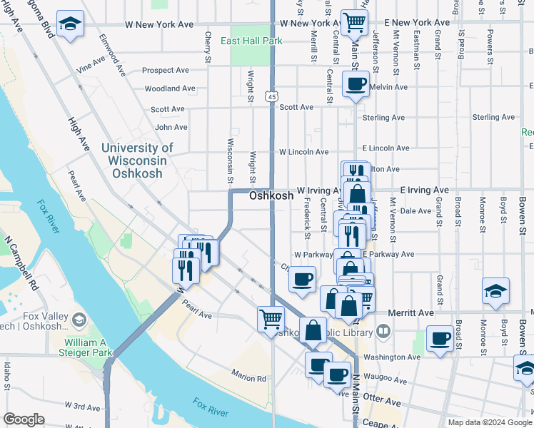 map of restaurants, bars, coffee shops, grocery stores, and more near 422 Union Avenue in Oshkosh