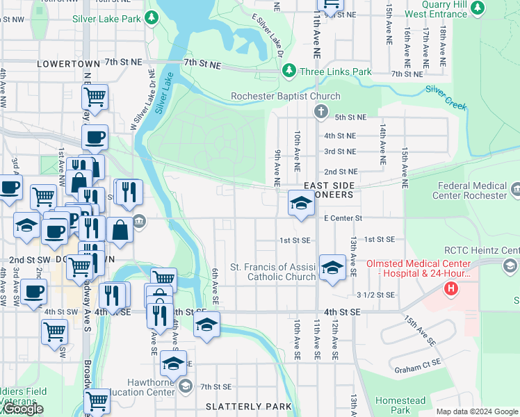 map of restaurants, bars, coffee shops, grocery stores, and more near 803 East Center Street in Rochester
