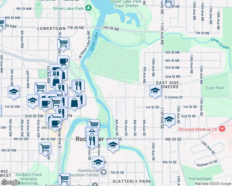 map of restaurants, bars, coffee shops, grocery stores, and more near 533 1/2 East Center Street in Rochester