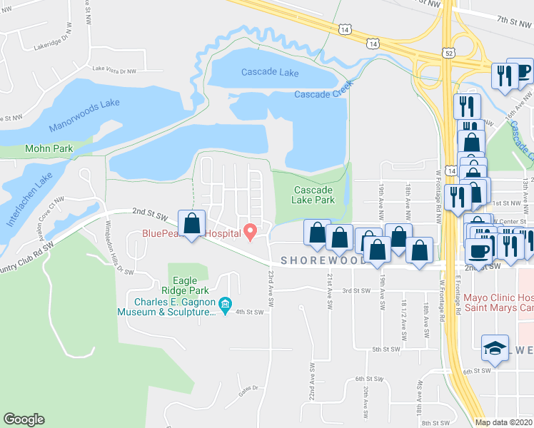 map of restaurants, bars, coffee shops, grocery stores, and more near 88 23rd Avenue Southwest in Rochester