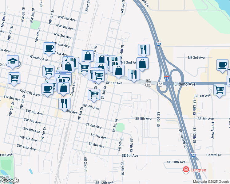map of restaurants, bars, coffee shops, grocery stores, and more near 188 Southeast 4th Street in Ontario